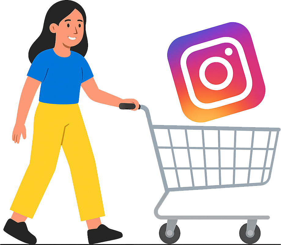 Buy Instagram Followers - Social Media Growth Made Easy Illustration of a woman pushing a shopping cart with the Instagram logo, representing buying followers