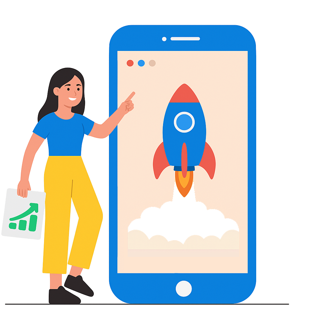Social Media Growth – Fast & Scalable Illustration of a woman pointing at a rocket launching on a mobile screen, symbolizing fast social media growth