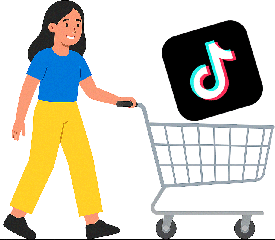 Buy TikTok Followers - Social Media Growth Made Easy Illustration of a woman pushing a shopping cart with the TikTok logo, representing buying followers