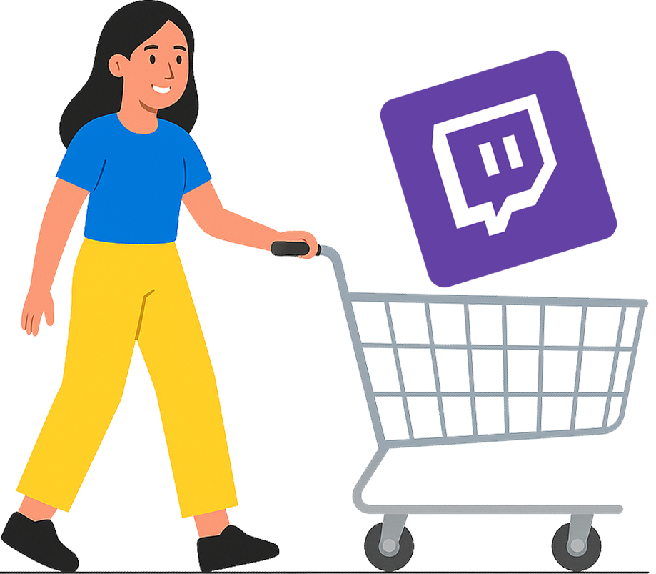 Buy Twitch Followers - Social Media Growth Made Easy Illustration of a woman pushing a shopping cart with the Twitch logo, representing buying followers