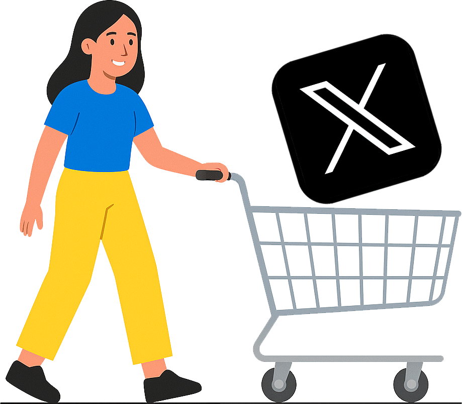 Buy X Followers - Social Media Growth Made Easy Illustration of a woman pushing a shopping cart with the X logo, representing buying followers