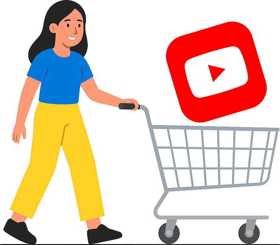 Buy YouTube Subscribers - Social Media Growth Made Easy Illustration of a woman pushing a shopping cart with the YouTube logo, representing buying subscribers